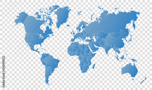 High detail blue political world map with country borders. vector illustration of earth map on transparent background
