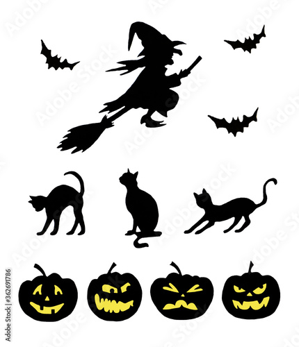 Halloween silhouettes collection: witch flies on a broomstick, bats, three cats and pumpkins. Hand drawn illustration. 