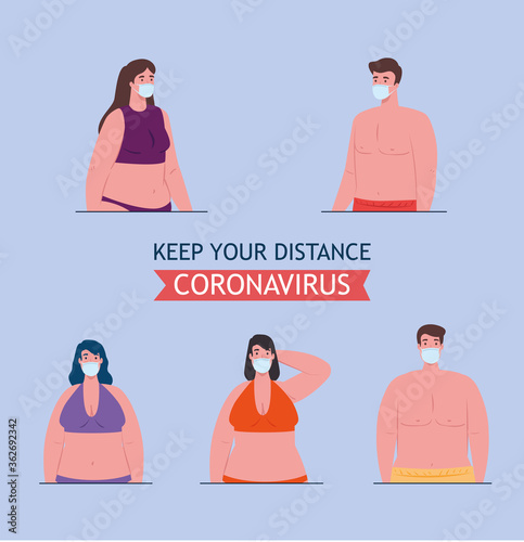 social distancing, people with swimsuit wearing medical mask, keep distance, new normal summer concept after coronavirus or covid 19 vector illustration design