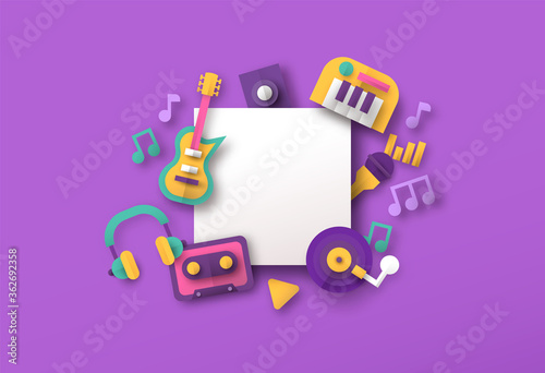 Retro papercut music instrument icon template