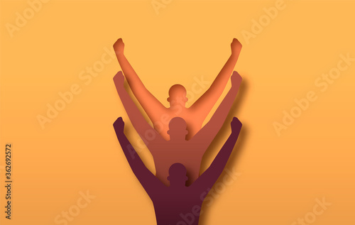 Diverse race papercut men in victory pose