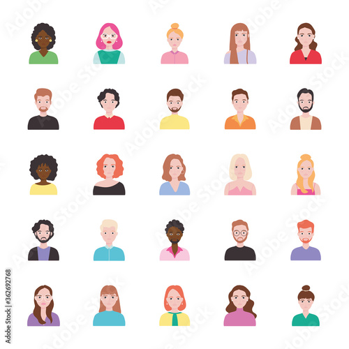 avatar women and men icon set, flat style