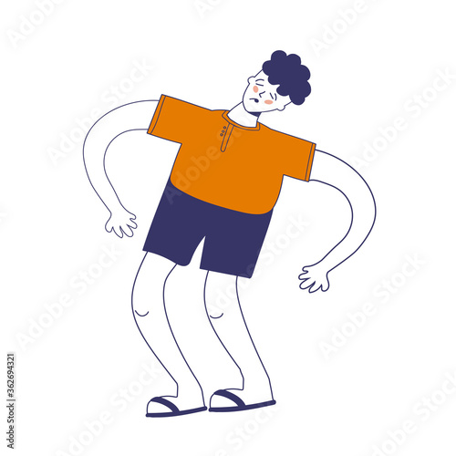 Confused boy seeing spinning stars. Loss of consciousness cartoon design icon. Colorful cartoon vector illustration. Isolated on gray background. illustration with blue outline in cartoon hand-drawn