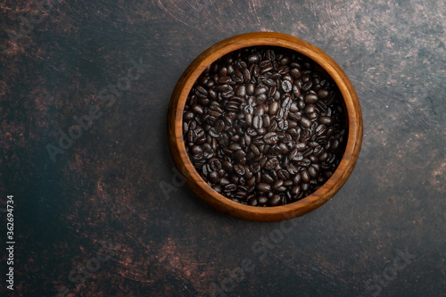Dark Roast Coffee Beans in a Wooden Bowl