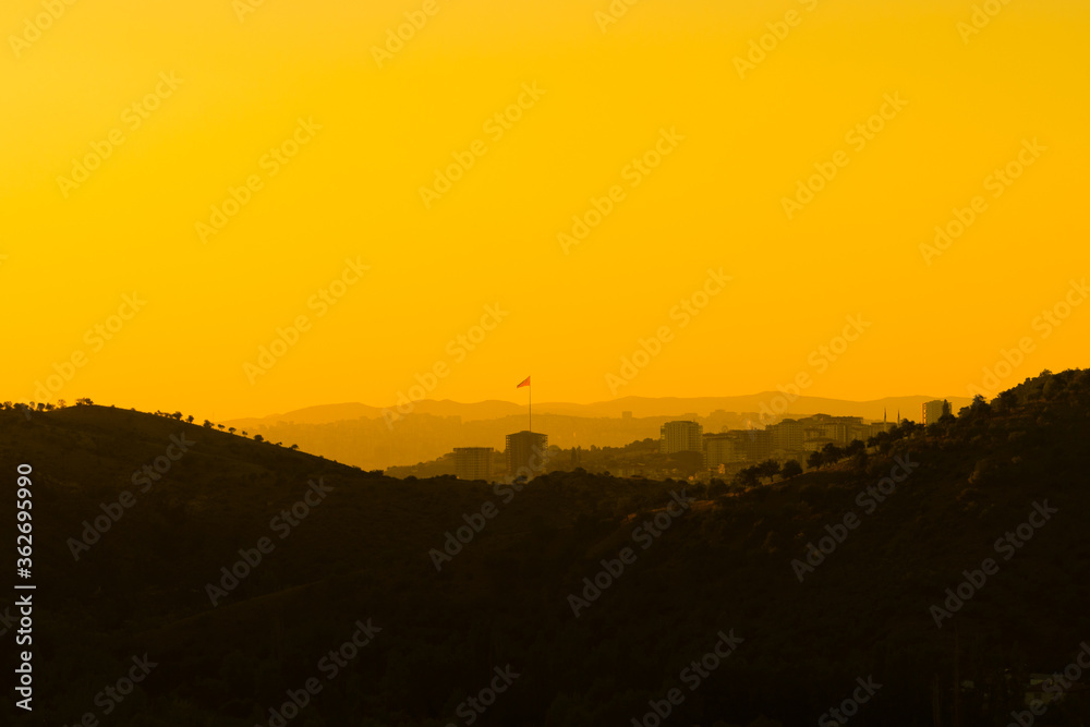 Silhouette view of Ankara from Imrahor valley at sunset