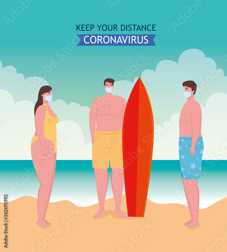 social distancing on the beach, young people wearing medical mask keep distance, new normal summer beach concept after coronavirus or covid 19 vector illustration design