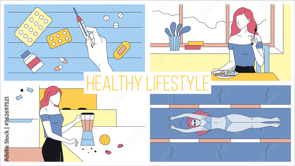 Concept Healthy Lifestyle And Active Sport. Young Woman Following The Diet And Health, Take Vitamins, Do Vitamin Cocktails, Swim In The Pool. Cartoon Linear Outline Flat Style. Vector Illustration