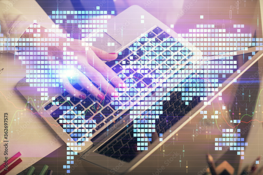 Multi exposure of woman hands typing on computer and business theme hologram drawing. Success concept. Multi exposure of woman hands typing on computer and business theme hologram drawing. Success concept.