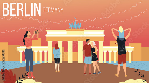 Concept Of Travelling To Berlin, Germany Cityscape With Landmarks. Group Of Tourists Book Tour, Enjoy Views, Take A Photos, Characters Have Good Time Together. Cartoon Flat Style Vector Illustration