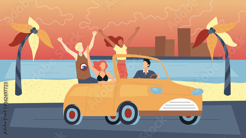 Concept Of Summer Holidays. Happy Friends Travelling By Car On Summer Vacations. People Enjoy Driving Cabriolet. Male And Female Characters Travel Together. Cartoon Flat Style. Vector Illustration