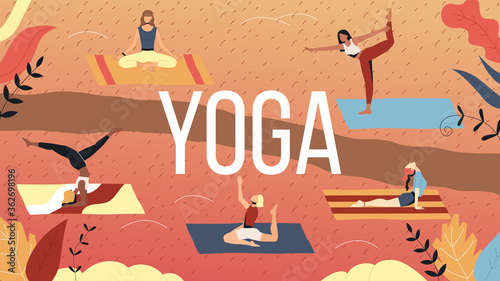 Concept Of Health Care And Active Sport. Group Of Women Do Yoga Outdoors. Slim Female Characters Are Taking Yoga Classes Together And Leading Healthy Lifestyle. Cartoon Flat Style. Vector Illustration