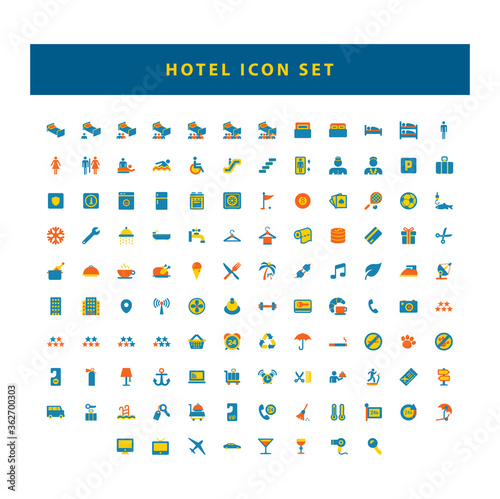 set of Hotel and travel black icons with flat color style design