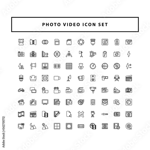 Photo and video icons set with outline style design