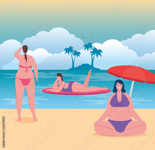 cute plump women in swimsuit in the beach, group women happy in summer vacation season vector illustration design © Gstudio