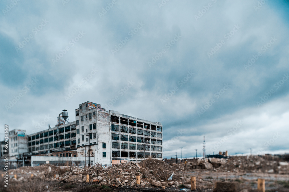 Detroit abandoned factory warehouse crumbling into nightmare apocalypse - Tilt Shift winter landscape