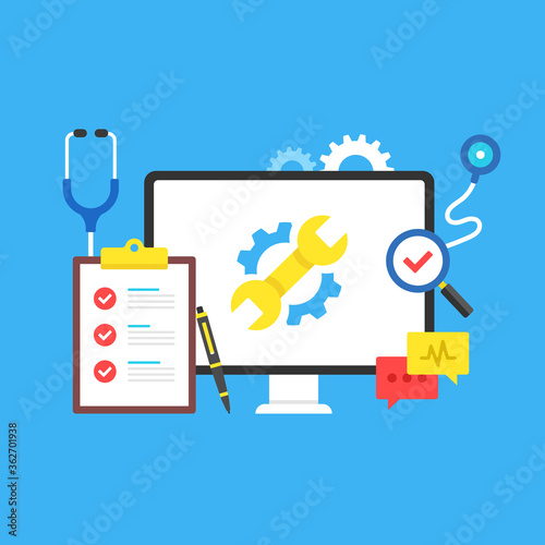 Computer repair. Maintenance, service center, PC troubleshooting, computer diagnostics concepts. Modern flat design graphic elements. Vector illustration