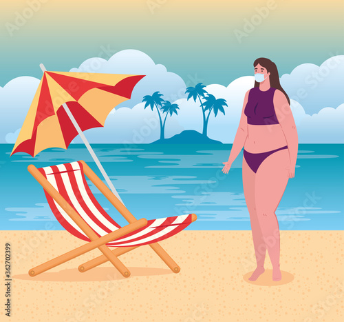 social distancing on the beach, woman wearing medical mask, keep distance, new normal summer beach concept after coronavirus or covid 19 vector illustration design