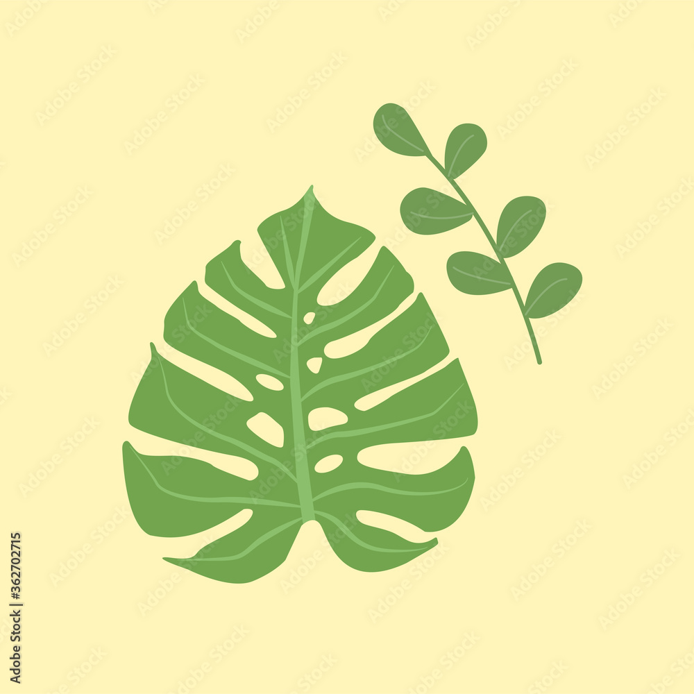 Green Monstera leaf and twigs with leaves on a yellow background for wallpaper for the home, paintings, textures, background, advertising, decor, poster. Vector illustration of green leaves. Green Monstera leaf and twigs with leaves on a yellow background for wallpaper for the home, paintings, textures, background, advertising, decor, poster. Vector illustration of green leaves.