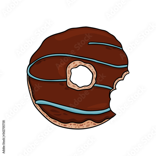 Delicious vector donut with chocolate frosting. Illustration of nibbled donut