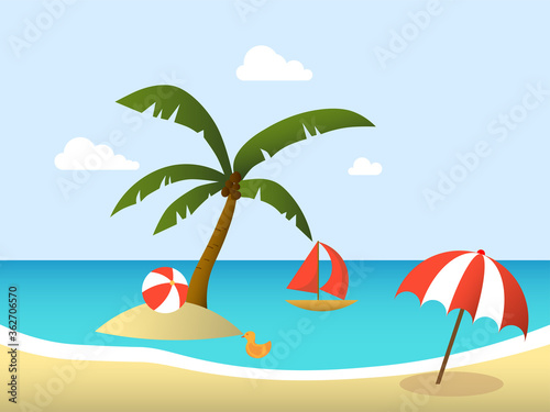 Fototapeta Naklejka Na Ścianę i Meble -  vector illustration of summer beach in tropical island with umbrella, ball, boat, and palm tree.
summer season background template.