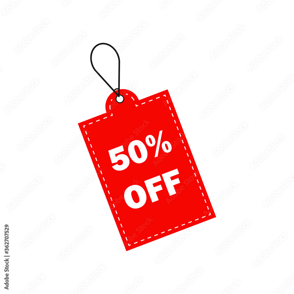 Big sale 50 percent off red tag with shadow on white background