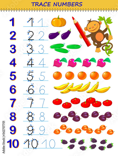 Educational page for kids with numbers from 1 to 10. Printable worksheet for children textbook. Developing skills of counting, writing and tracing. Play online. Back to school. Vector image.