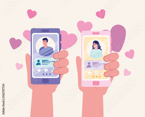 online dating service application, hands holding smartphone with man and woman profiles, modern people looking for couple, social media, virtual relationship communication concept vector illustration