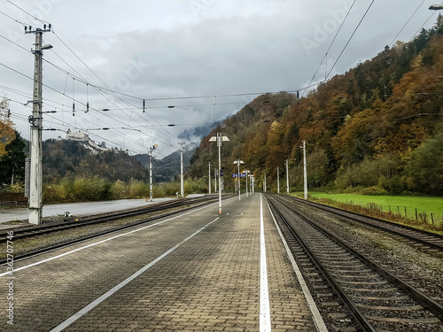 Empty European Railway in the mountains in salzburg Austria 