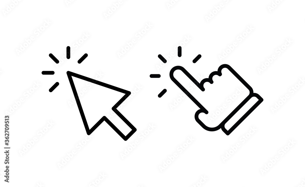 Hand and arrow clicking pointers. Click icons. Hand and arrow clicking pointers. Click icons.