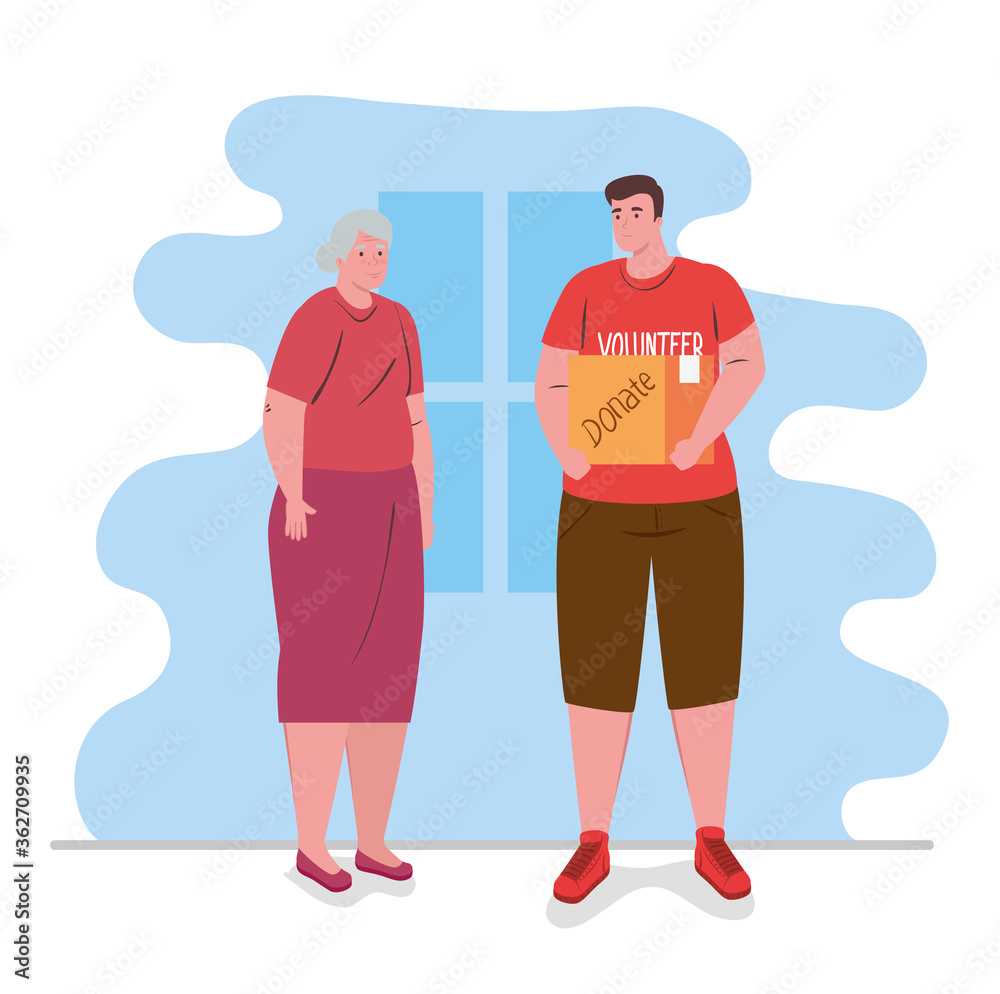 old woman with man volunteer holding donation box, charity and social care donation concept vector illustration design