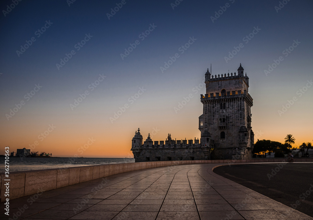 Belem tower, famous tourist attraction in Lisbon, Portugal, at sunset