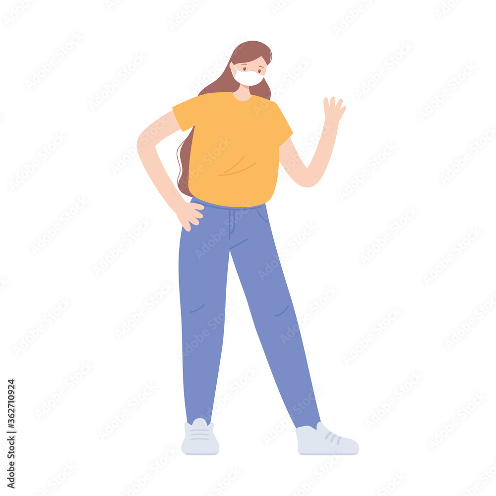 young woman wearing medical mask prevention covid 19 coronavirus, isolated design icon white background young woman wearing medical mask prevention covid 19 coronavirus, isolated design icon white background