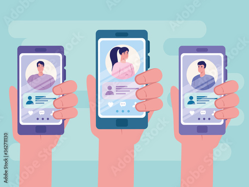 online dating service application, hands holding smartphone with man and woman profiles, modern people looking for couple, social media, virtual relationship communication concept vector illustration
