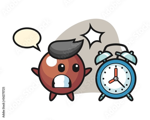 Chocolate ball cartoon surprised with a giant alarm clock