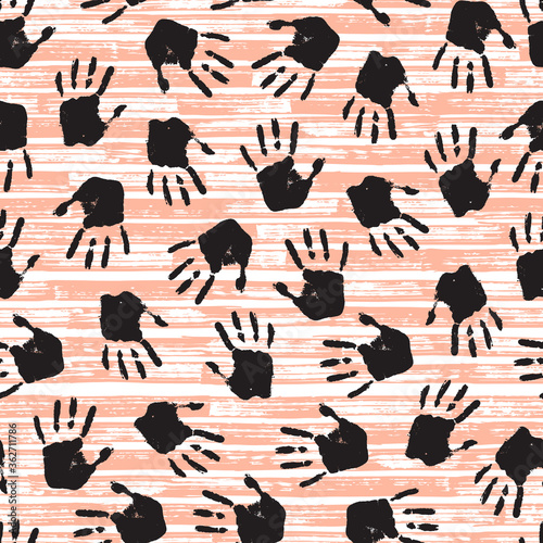 Paint Hand prints vector background. Seamless pattern with handprints on striped grunge brush strokes background 
