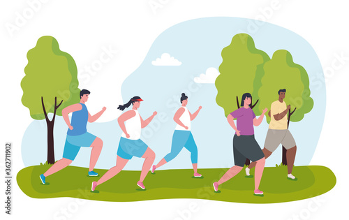 young people marathoners running sportive, women and men, run competition or marathon race poster, healthy lifestyle and sport vector illustration design