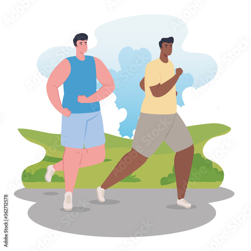 men marathoners running sportive, young men run competition or marathon race poster, healthy lifestyle and sport vector illustration design