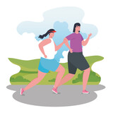 women marathoners running sportive, young female run competition or marathon race poster, healthy lifestyle and sport vector illustration design