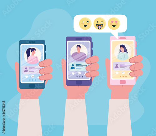 online dating service application, hands holding smartphone with man and woman profiles, modern people looking for couple, social media, virtual relationship communication concept vector illustration