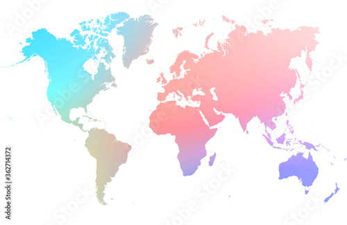 gradient rainbow colored world map with on white background. World map template with continents, North and South America, Europe and Asia, Africa and Australia