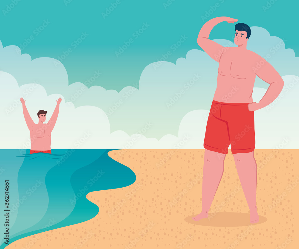 beach with men, group men on the beach, summer vacations and tourism concept vector illustration design