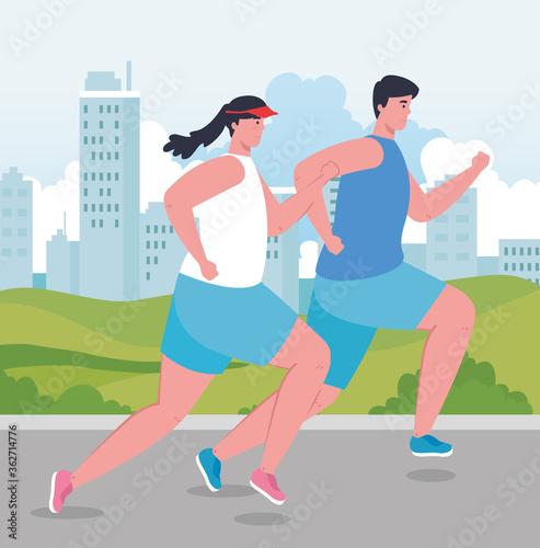 couple marathoners running sportive, woman and man run competition or marathon race poster, healthy lifestyle and sport vector illustration design