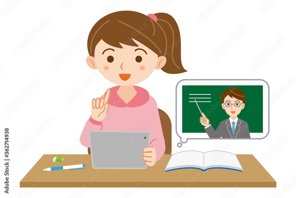 タブレットPCでオンライン授業を受ける女子学生のイラスト/白背景