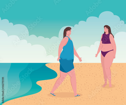 cute plump women with swimsuit on the beach, group friends on the beach, summer vacation season vector illustration design