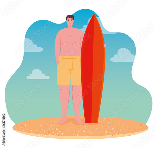 man in shorts, happy guy in swimsuit with surfboard on the beach, summer vacation season vector illustration design