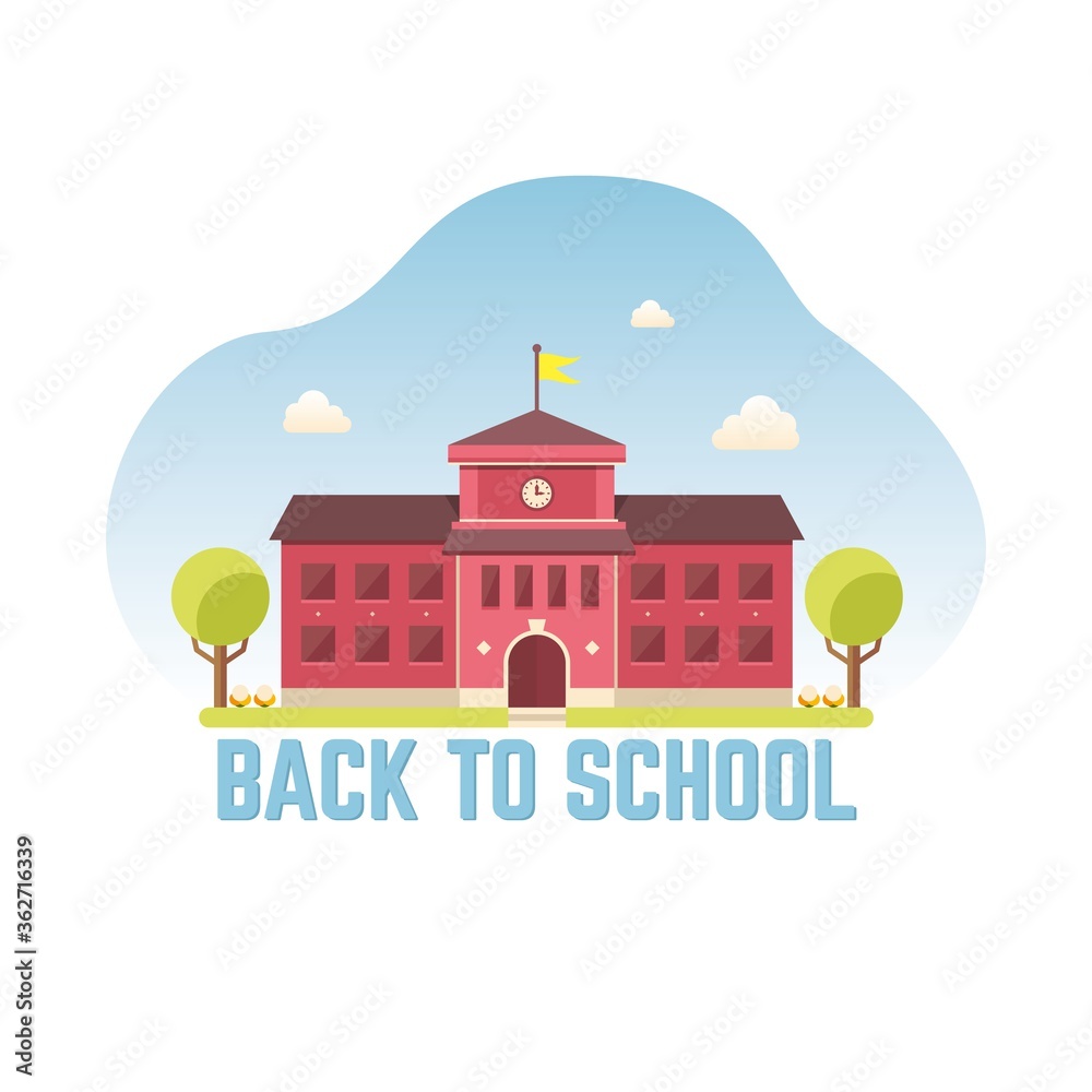 School building vector illustration. High school or college with trees and flowers, blue sky and white clouds. Back to school design concept on white background. Academy or university architecture.