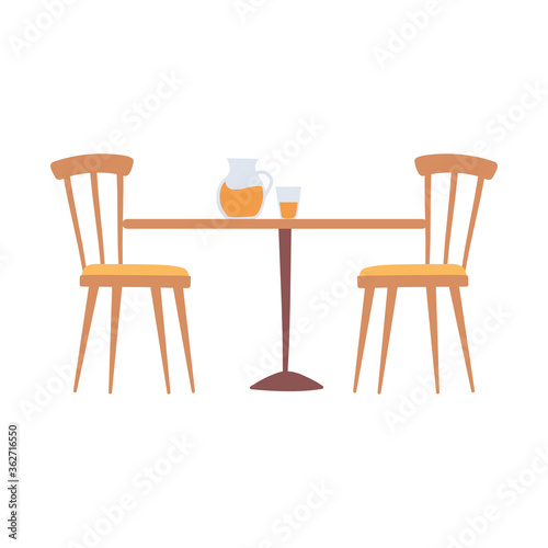 table with glass jar and cup with juice and chairs isolated design icon white background