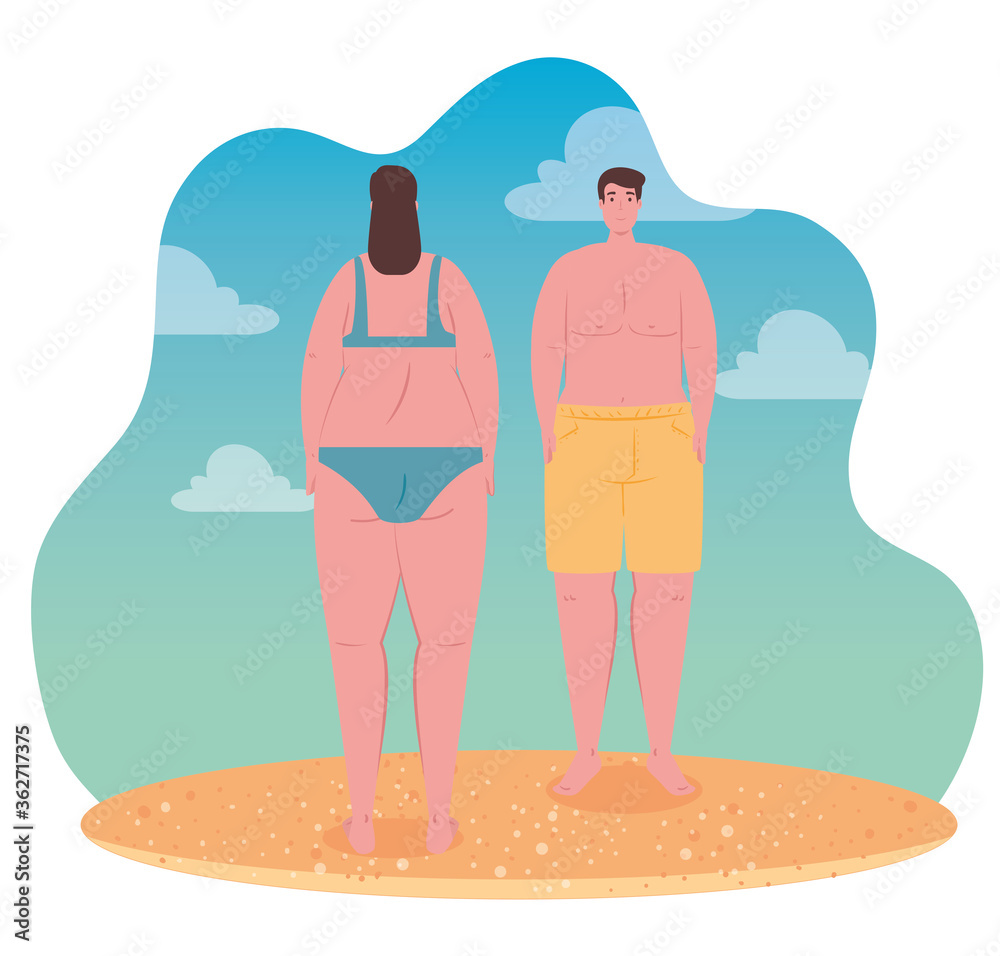 young couple on the beach, guy and his girlfriend in the beach, summer vacation season vector illustration design young couple on the beach, guy and his girlfriend in the beach, summer vacation season vector illustration design