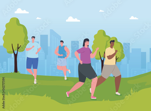 people marathoners running in the park, men and woman, run competition or marathon race poster, healthy lifestyle and sport vector illustration design