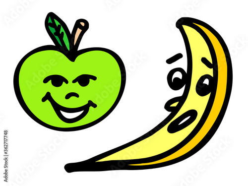 Color image of a banana and Apple with eyes, vector illustration